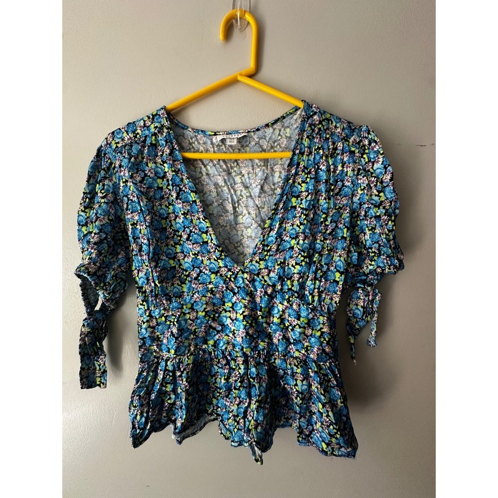 Topshop Floral V-Neck Peplum Blouse Blue Puff Sleeve Tie Cuff Smocked Back Top